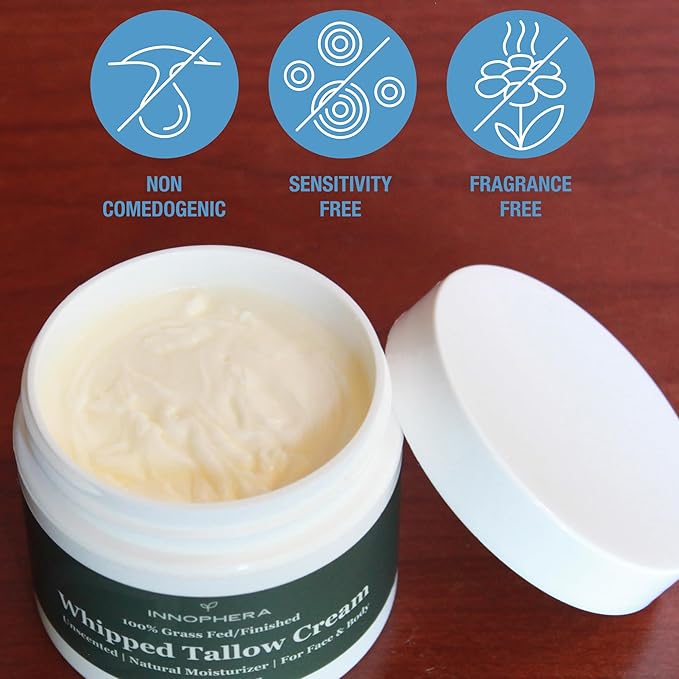 Whipped Beef Tallow Cream for Skin Care ‒ Grass Fed & Grass Finished ‒ 100% Natural Moisturizer for Sensitive Skin ‒ Handmade Face & Body Lotion ‒ Unscented & Odorless ‒ 3.4 oz.