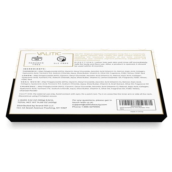 VALITIC Kojic Acid Soap Bars - Turmeric, Snail Mucin, Charcoal and Lemon - 4 Assorted Dark Spot Remover Soaps with Hyaluronic Acid, Vitamin C, Vitamin E and Shea Butter
