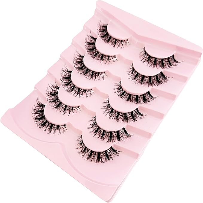 Wispy Lashes False Eyelashes Natural Look, Yasnai Cat Eye Lash Fake Lashes Volume Lashes, Natural Eyelash Strips Lashes Natural Eyelashes Clear Band 6 Pairs Pack