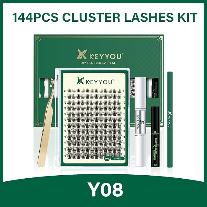 DIY Lash Extension Kit KEYYOU 144pcs Lash Clusters Eyelash Extension Kit with Mascara Brush Bond and Seal Lash Glue Remover Lash Applicators Lash Brush for DIY Lash Extensions (Y08 Kit)