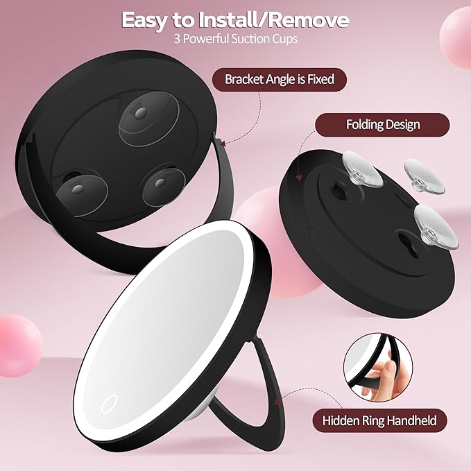 30X Magnifying Mirror Suction Cup, 6" Makeup Mirror with Lights, Rechargeable Travel Mirror with 3 Color Dimmable Lights for Precision Makeup, Fits Bathroom/Wall Suction/Hanging, Black