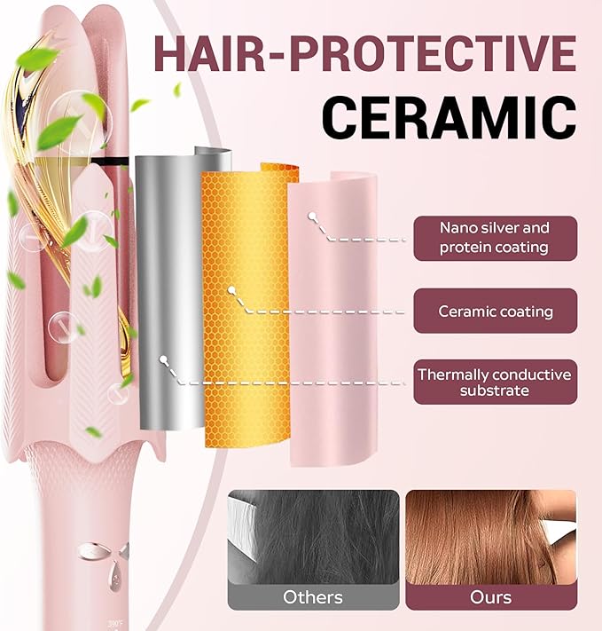Auto Rotating Hair Curler - 4 Temperature and Timer Settings, Automatic Curling Iron with Automatic Shut-Off, Anti-Tangle and Scalding, Curling Wand for Long Lasting Curls (Pink)