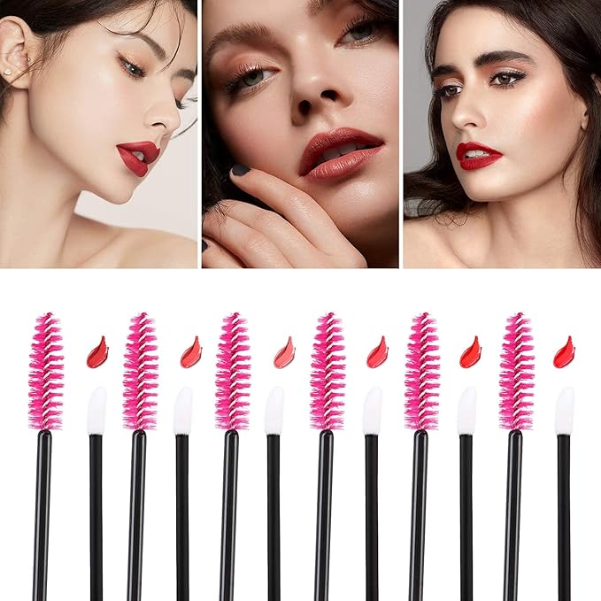 Tbestmax 400 Spoolies Mascara Wand and Lip Brush Disposable Lash Brushes for Eyelash Extensions, Lipstick Lip Gloss Wands Applicator Tool (Black+Hotpink)