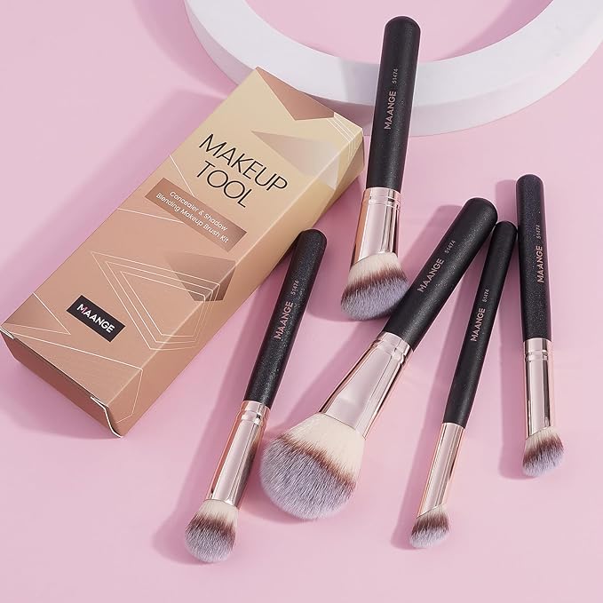 MAANGE Makeup Brush Set 5-Piece Professional Synthetic Makeup Brushes for Foundation, Blush, Power Concealer & Contour Application Travel Make Up Brush with Box (Black)