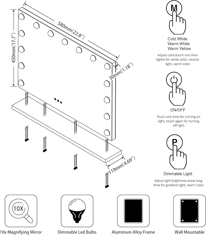 Vanity Makeup Mirror with Lights,Hollywood Vanity Mirror with 3 Color Modes,Lighted Vanity Mirror with Dimmable LED Bulbs &10X Magnification for Desk,Bedroom,Tabletop (Black, 22.8" x 18.1")