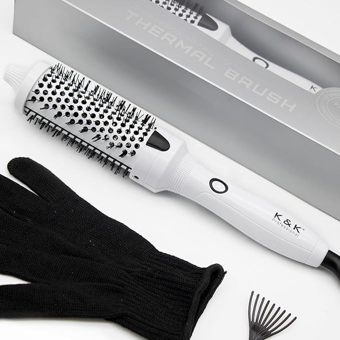 K&K Blowout Boost Thermal Round Brush, 1.5 Inch Ceramic Tourmaline Hot Styling Brush for Blowout Look, Negative Ion Technology Make Hair Smoother Get Natural Curls, Dual Voltage