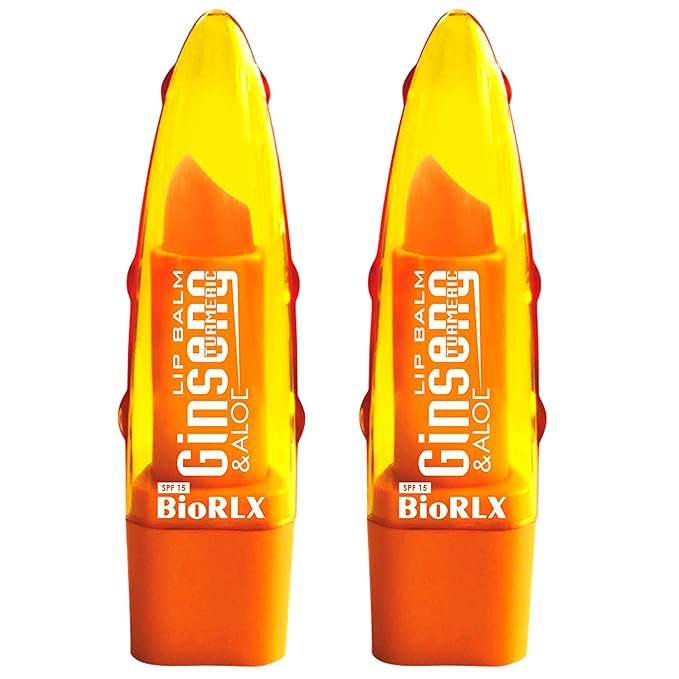 BioRLX 99% Purity Aloe Vera Lip Balm - Natural Moisturizing Unisex Lip Care for Hydrated and Radiant Lips (Ginseng & Turmeric, 0.12 Ounce (Pack of 2))