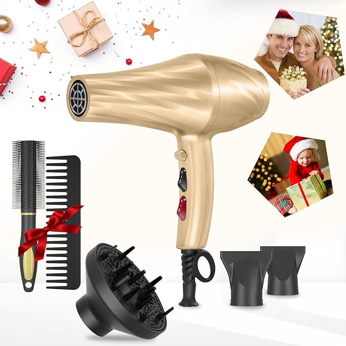 Ionic Hair Dryer,2400W Negative Ion Low Noise Hair Dryer Professional Fast Drying Hair Dryers with 2 Speeds, 3 Heat Settings, Cooling Button,with Diffuser for Curly and Straight Hair(Champagne Gold)