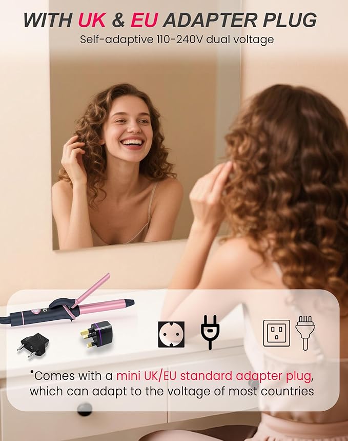 Mini Curling Iron for Short Hair Dual Voltage with European UK Plug Adapter Ceramic Travel Small Curling Iron 3/4 Inch Barrel Curler with Professional 30S Fast Heating, 5 Temps for Global Travel