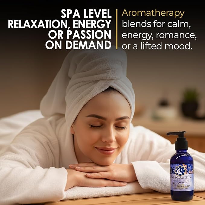 Blue Moon Elise Aromatherapy Body Oil - Hydrating Body Oil with Almond, Apricot & Coconut Oils - Scented with Pure Essential Oils for Women, Men & Dry Skin (Lavender 4 oz)