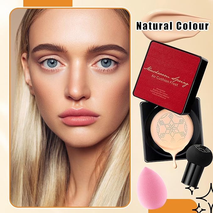2Pcs Mushroom Head Air Cushion CC Cream Foundation Makeup,Moisturizing BB Cream Face Makeup Liquid Foundation,Long Lasting Full Coverage Concealer for All Skin Types(Natural)D