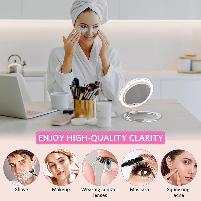WEILY Magnifying Mirror with Light, 10X/1X Magnification Double-Sided Travel Makeup Mirror, with 3 Color Lights, Touch Control, Rechargeable Portable Mirrors for Bedroom, Bathroom (Pink)