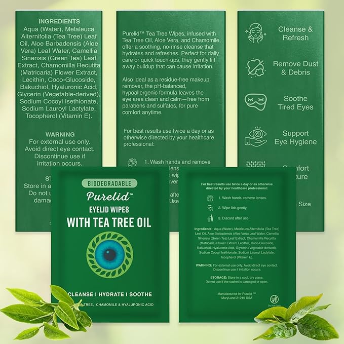 200Pcs Tea Tree Eyelid Wipes β Tea Tree Oil Eye Wipes for People with Dry Eyes & Allergies β Gentle Eyelid Cleanser with Hyaluronic Acid β Individually Wrapped & Biodegradable - 2 Pack