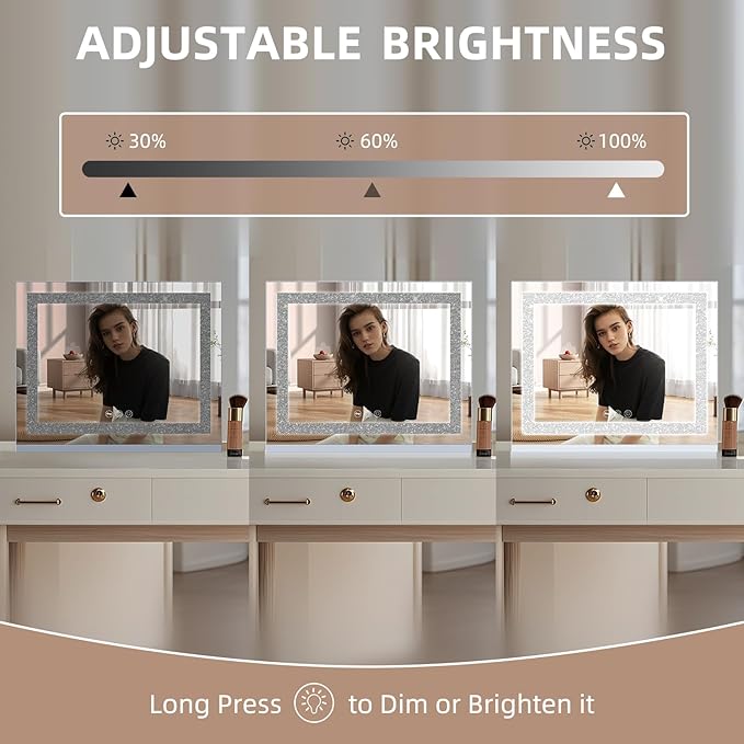 Misavanity Vanity Mirror with Lights Tempered Glass 22.8" x 18.1" Lighted Makeup Mirror with Light Strip Crushed Crystal 3 Colors Modes Dimmable Lights USB Charging Port and 10X Magnification, White