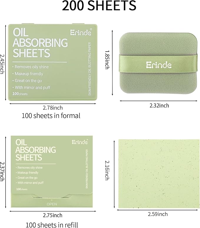 Erinde Oil Blotting Sheets for Face with Mirror and Puff, 200 Sheets Oil Blotting Paper for Oily Skin, Face Oil Absorbing Sheet, Natural Oil Control Film, Absorb Excess Oil, Makeup Friendly