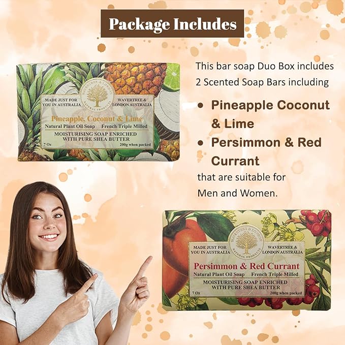 Wavertree & London Duo Gift Box (2 Bars) - 7oz Persimmon & Red Currant, Pineapple & Coconut & Lime Scented Triple Milled Natural Soap Bars - Pure Plant Oil Soap Bars for All Skin Types