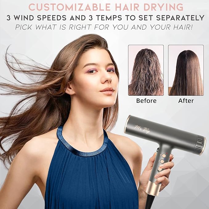 Mr Big Hair Dryer Italian Style Professional Ionic Anti Frizz with Intelligent Temperature Sensor, Lightweight at 12oz, Self-Cleaning Brushless Motor, T-Shaped, Insanely Powerful Air Flow 120,000 RPMs