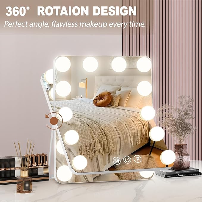Hollywood Vanity Mirror with Lights, 9.8" x 11.8" Lighted Makeup Mirror with 12 LED Dimmable Bulbs, 3 Color Modes, USB Charging Port Touch Control, 360°Rotation