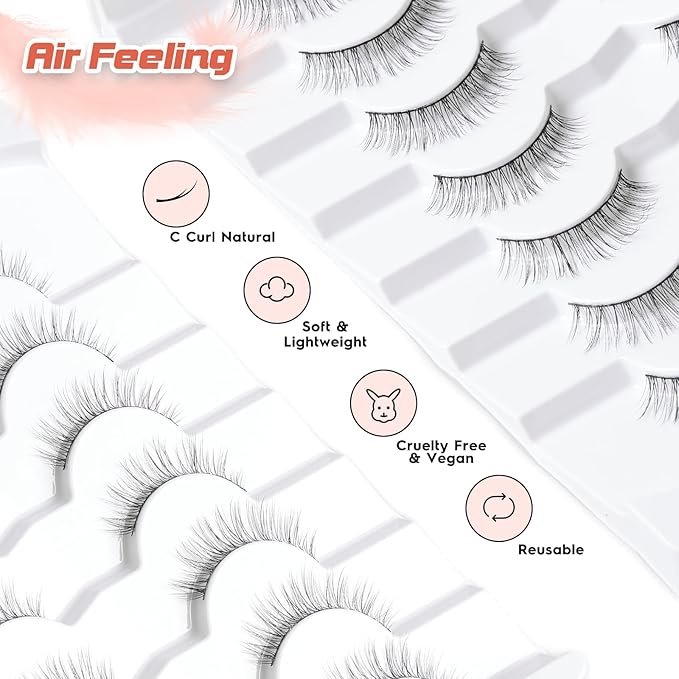 False Lashes Eyelashes Wispy 10MM Short Lash Natural Thin Band Strip Eyelash 3D Volume C Curl 7 Pair