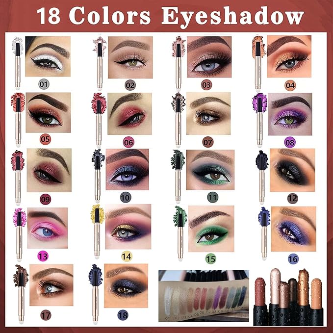 Rose Red Eyeshadow Stick Makeup, Highlighter Matte Cream Eye Shadow Pencil, Waterproof Hypoallergenic Long Lasting Crayon, Glitter Primer Palette Shimmer Eyeliner Pen wiht Soft Brush