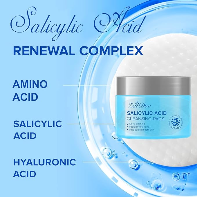 Salicylic Acid Remover Wipes, Exfoliating Face Cleansing Pads with Witch Hazel & Vitamin C for Hydrating & Calming for Sensitive Skin, 40ct