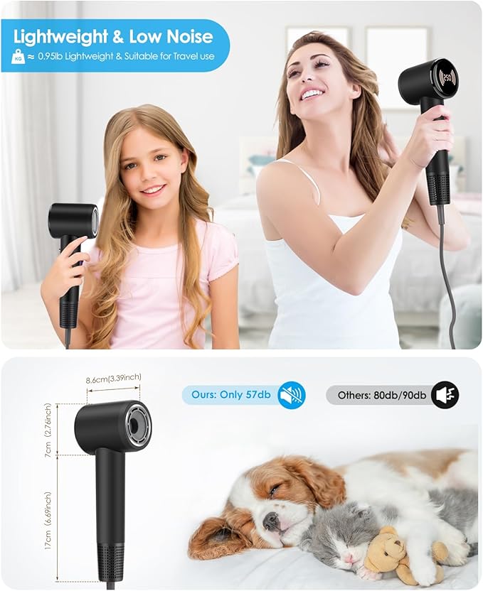 Hair Dryer with Diffuser - Chignon High Speed Mini Blow Dryer, 110,000 RPM Motor, Small Hair Dryer Ionic Smart Temp Control, Magnetic Nozzle, Low Noise, Lightweight, 110V for Fast Styling