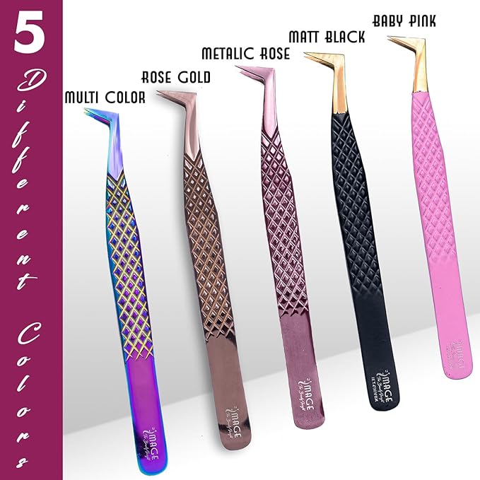 5 Pcs Fiber-Tip Japanese Steel Lash Tweezer Set with Leather Case, Professional Eyelash Tweezers for Lash Extensions – Titanium Coated, 90 & 45 Angled, Precision Pointed Tweezers (METALIC-ROSE)