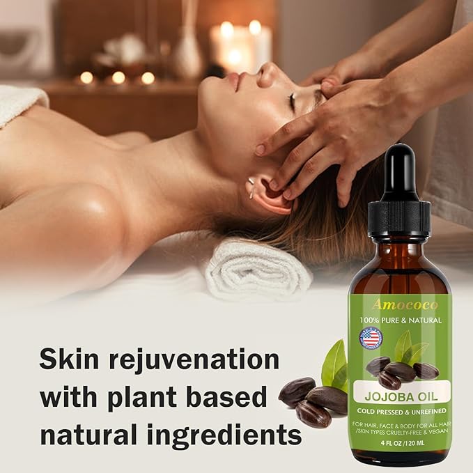 Natural Jojoba Oil for Hair&Skin, Cold Pressed, Unrefined Deeply Moisturizing Body Carrier Oils for Essential Oils Mixing, 4fl oz