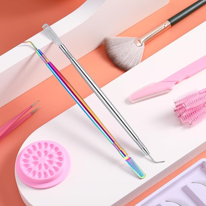 Chumia 2 Pieces 2 in 1 Lash Lift Tool Eyelash Separator Tool with Comb Stainless Steel Metal Lash Perm Lift Rods for Eyelash Eyebrow Comb Perming Tinting Curling Extension Supplies(Multi Color,Silver)