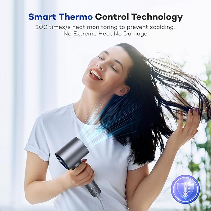 Hair Dryer, 110000 RPM High-Speed Brushless Motor Negative Ionic Blow Dryer for Fast Drying, Low Noise Thermo-Control Hair Dryer with Nozzle and Tri-Colour LED Light Ring for Home, Travel (Gray)