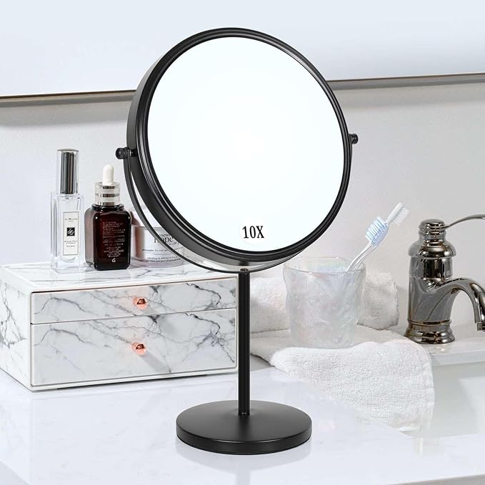 Large Size Tabletop Makeup Mirror with Magnification, 9-Inch Double-Sided 360° Swivel Free Standing Vanity Mirror, 1X/10X Magnifying Mirror with Stand for Bathroom & Bedroom, Matte Black, No Light