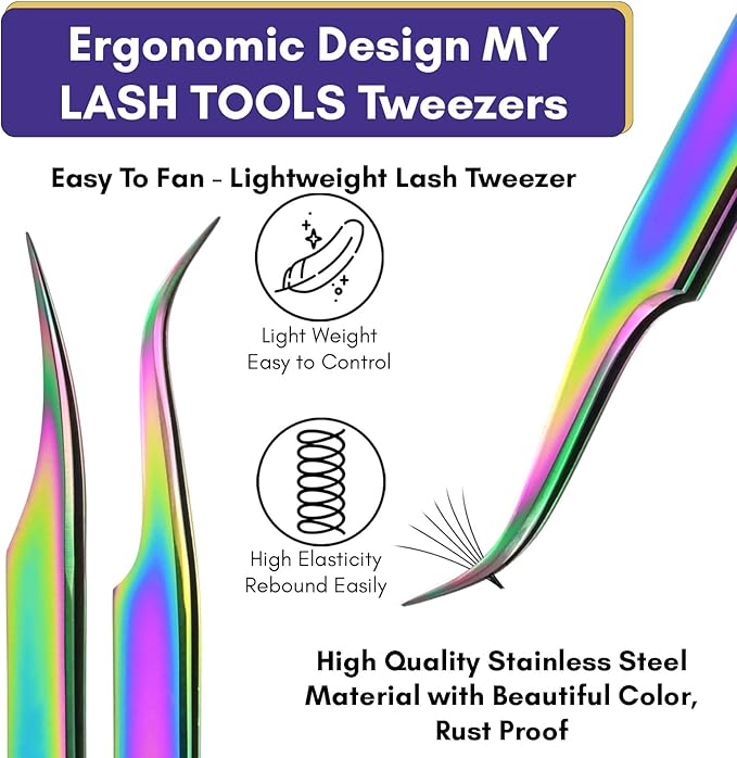 2pcs Fiber Tip Tweezers for Lash Extensions – Curved Tip Base Cut & Isolation Tweezers Set, Precision Stainless Steel Eyelash Extension Tools, Non-Slip Grip, Professional Lash Applicator (Multi)
