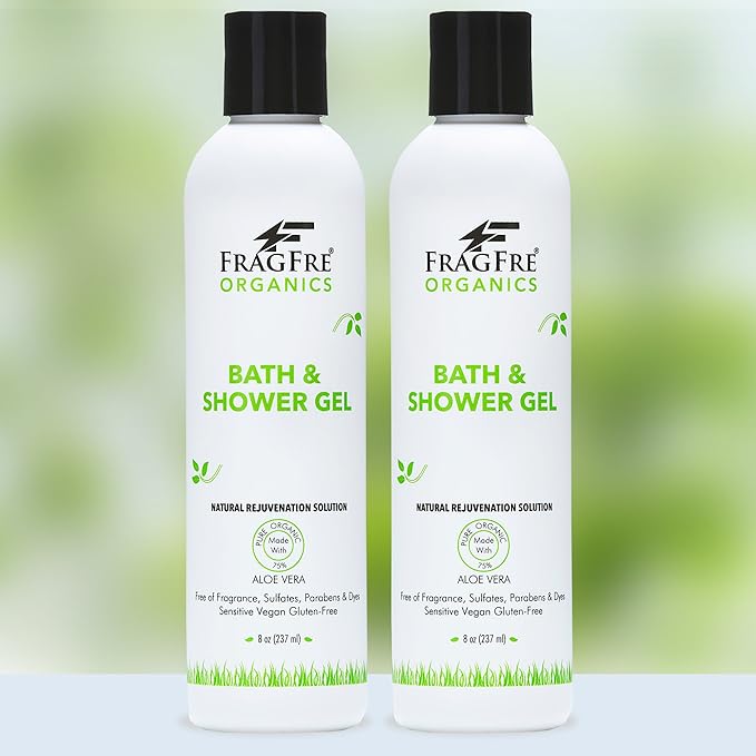 Organic Shower Gel 8 oz - Fragrance Free Sulfate Free Parabens Free - for Normal and Dry Sensitive Skins - Gluten Free Vegan Cruelty Free - Organic Aloe Vera Bath Shower Gel - pure Natural