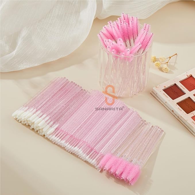 200PCS Disposable Eyelash Extension Kit for Professionals – Lash Spoolie Brushes, Micro Swabs, Mascara Wands, Lip Brushes for Eyelash Extensions, Tattoo, Lipstick Application(Crystal Pink)
