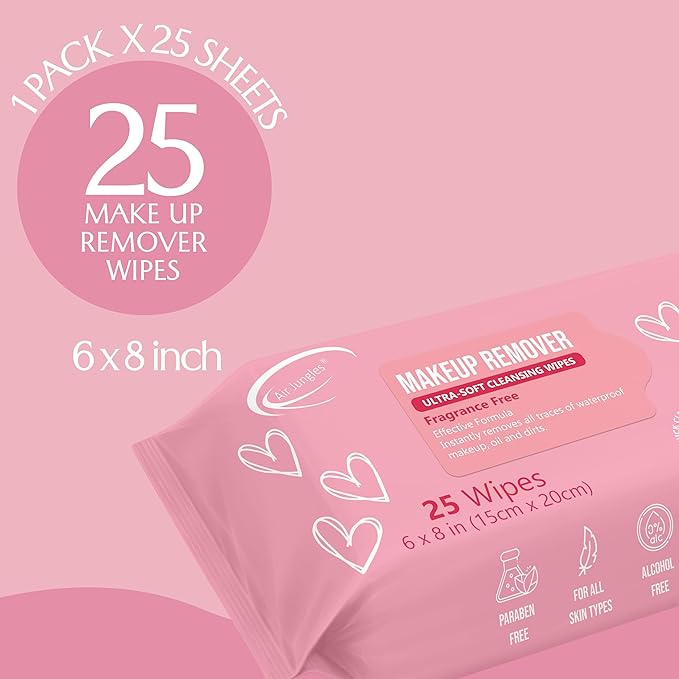 Air Jungles Makeup Remover Wipes 25 Count, Alcohol-Free & Fragrance-Free, Extra Large Facial Towelettes for Face & Eyes, Removes Waterproof Makeup, Infused with Vitamin E
