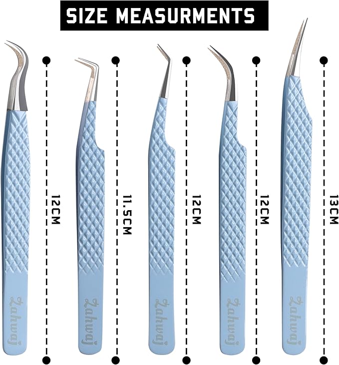 Lash Tweezers - Set of 5 Diamond Grip Eyelash Tweezers - Stainless Steel Professional Fiber Tip Lash Tweezer for Eyelash Extensions (Blue)