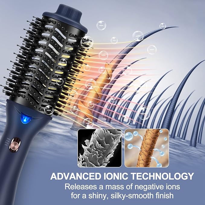 One Step Hair Dryer & Volumizing Brush, Aima Beauty Hair Styling Tool - Ceramic Straightener, Curler, Hot Air Styler & Ionic Salon Brush, Prussian Blue