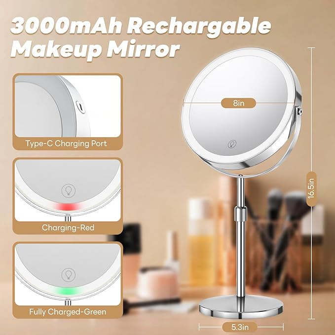 20X/1X Lighted Vanity Makeup Mirror, 3000mAh Rechargeable Height Adjustable Double Sided Magnifying Mirror, 3 Color Light, Brightness Adjustable, 360° Rotation, Women Gift