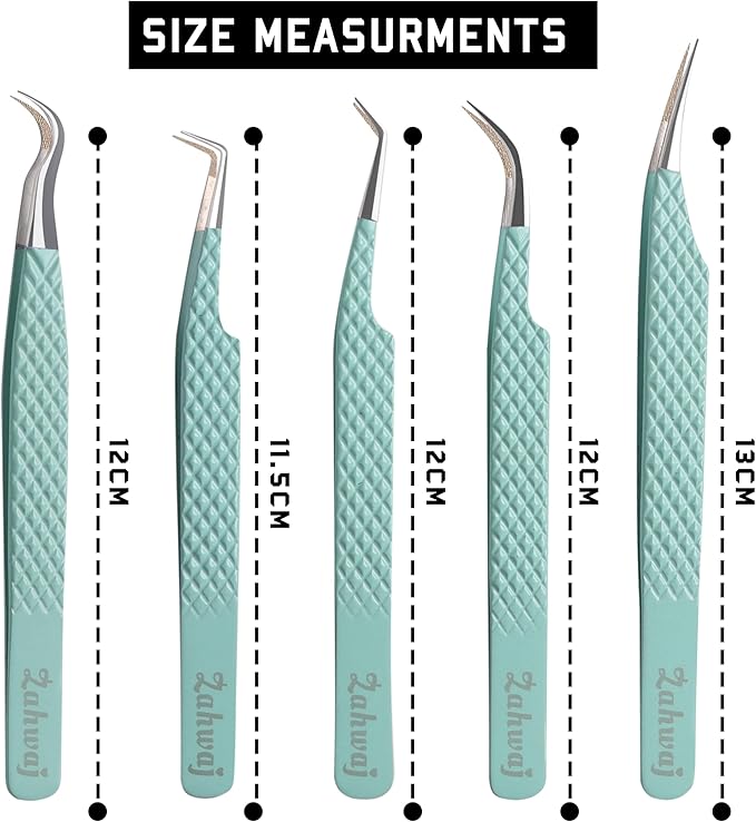 Lash Tweezers - Set of 5 Diamond Grip Eyelash Tweezers - Stainless Steel Professional Fiber Tip Lash Tweezer for Eyelash Extensions (Light Green)