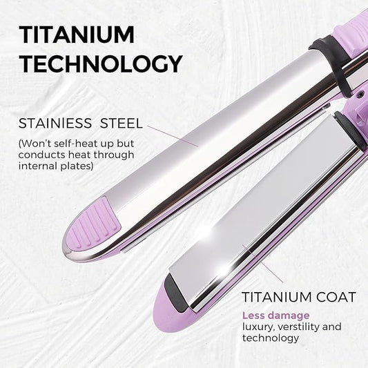 2-in-1 Titanium Ionic Flat Iron,Professional Hair Straightener & Curler, Fast Heating, Dual Voltage, Purple, for All Hair Types