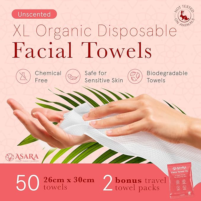 Clean Face Towels Disposable XL Facial Wipes | Add Water As a Makeup Remover | Sensitive Skin Face Towels | Organic Vegan Biodegradable - Clean Daily Towelettes (50 Count) | by Asara