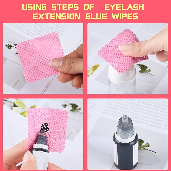 Maitys 1000 Pieces Eyelash Extension Glue Wipes Eyelash Glue Cleaner Non Woven Fabric Wipes Lash Supplies Accessories Tools for Extension Nail Polish Bottle(Rose Red)