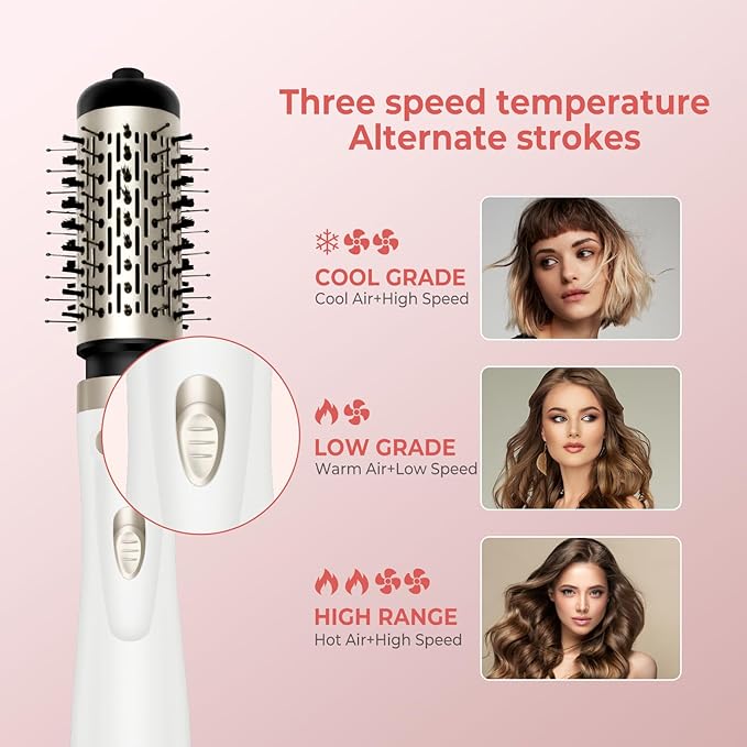Hair Dryer Brush, 3-in-1 Rotating Round Hot Air Spin Brush Set with 2 Brushes (2" & 1.5"), Negative Ionic Blow Volumizer, 2 Detachable Auto-Rotating Curling Brush 100-120V (White Gold)