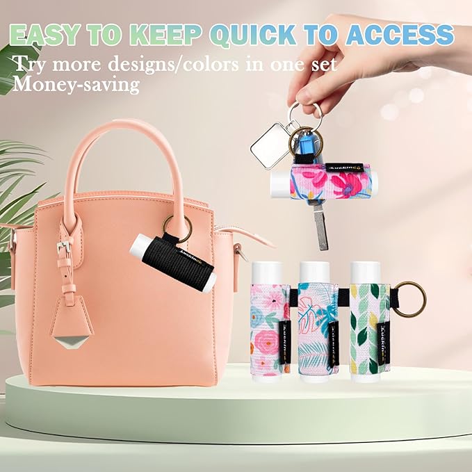 3PCS Lip Balm Holder Keychain Print Chapstick Holder Key Chain Lipstick Holder Lip Gloss Sleeve -Tight Elastic Holder Sleeve for Fat and Slim Lip Balms(Black)