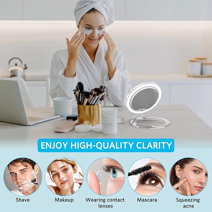 WEILY Magnifying Mirror with Light, 10X/1X Magnification Double-Sided Travel Makeup Mirror, with 3 Color Lights, Touch Control, Rechargeable Portable Mirrors for Bedroom, Bathroom (White)
