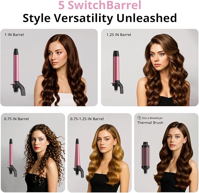 5-in-1 Rotating Curling Iron Set,Automatic Hair Curler with 5 Ceramic Barrels (3/4,1,1.25 Inch) | Fast Heating, Dual Voltage for Long-Lasting Curl Styling/Beach Wave