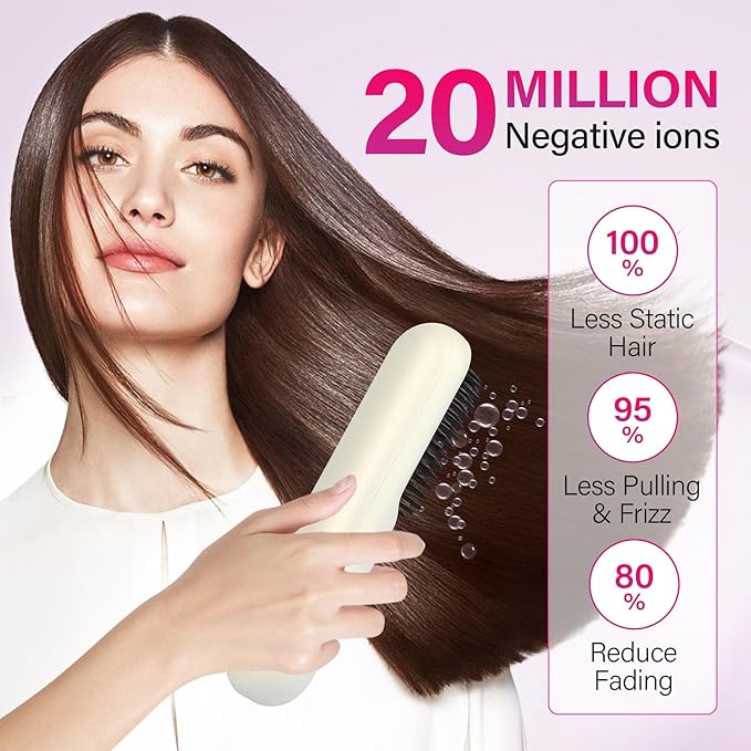 Cordless Hair Straightener Brush Hot Comb Hair Straightening Iron Wireless Hot Combs, Anti Burn for Natural Black Hair Beard Wigs Wonmen Gifts - White