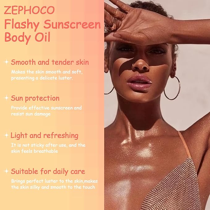 Broad Spectrum SPF 50 Sheer Body Sunscreen Setting Mist Sunscreen Body Glow Oil Spray for Face & Body with Gold Mica Sun-kissed Glow Skin Illuminator Hydrating Non-Greasy (A)