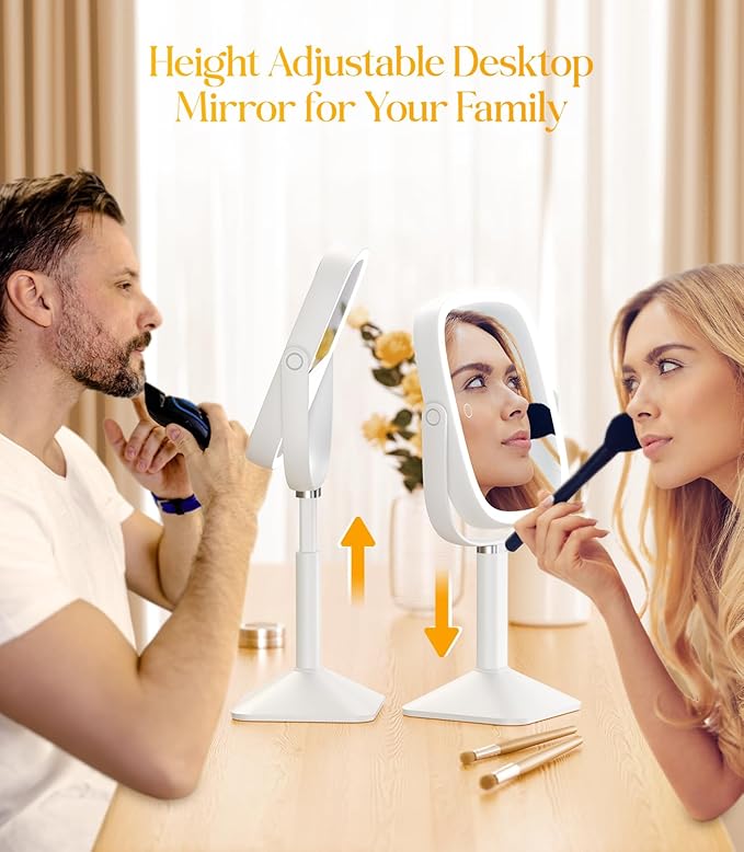 Gospire Rectangle Lighted Makeup Mirror with Magnification, 10X Magnifying Mirror with Lights 3 Color, Height Adjustable and 4000mAh Battery for Bedroom Bathroom, Large Surface for Women or Men- White
