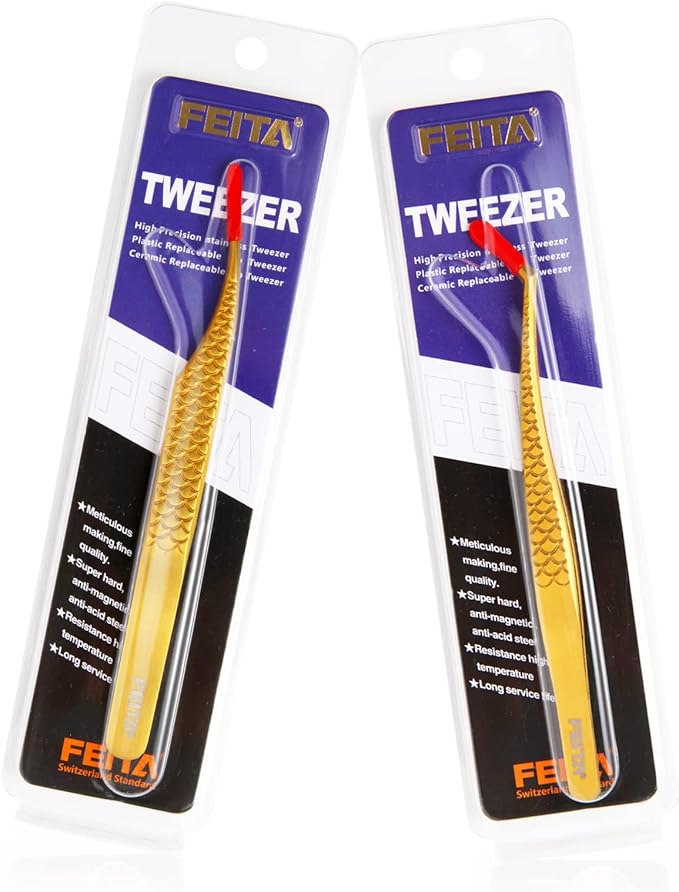 FEITA Diamond Grip Eyelash Extensions Tweezer Lash Precision Tweezers, Japanese Steel Dolphin-shaped & Angled Tip, False Lashes Application Tools, Gold 2Pcs